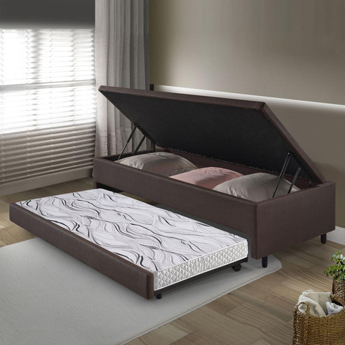 Bicama Box Baú Solteiro Courino Linho Marrom 88x188 Com Colchão Auxiliar Ecoflex