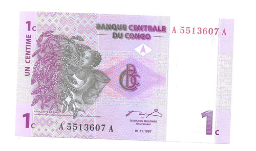 Liquido Excelente Billete De Congo.  1 Céntimo 1997 Unc