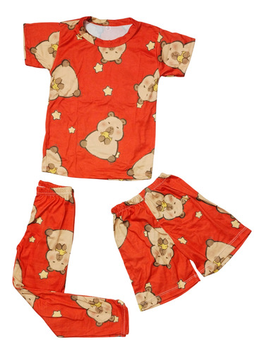 Pijama Infantil Sublimada 3 Pzas Capibara Rojo