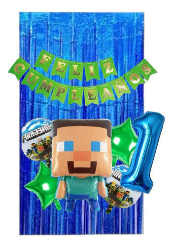 Kit De Fiesta Minecraft Globos, Cortina Letrero Y Número 