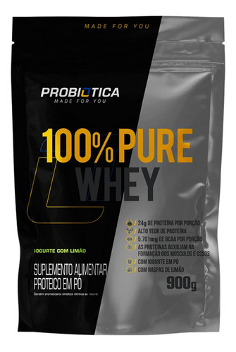 100% Pure Whey Refil 900g - Probiótica - Gourmet Sabor Iogurte Com limão