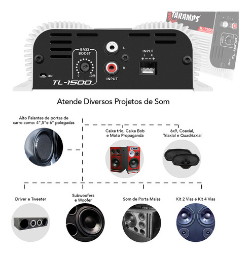 Modulo Taramps Tl 1500 2 Ohms Amplificador 3 Canais Som Automotivo Tl1500 390w Rms + Cabo Rca S400 Vermelho