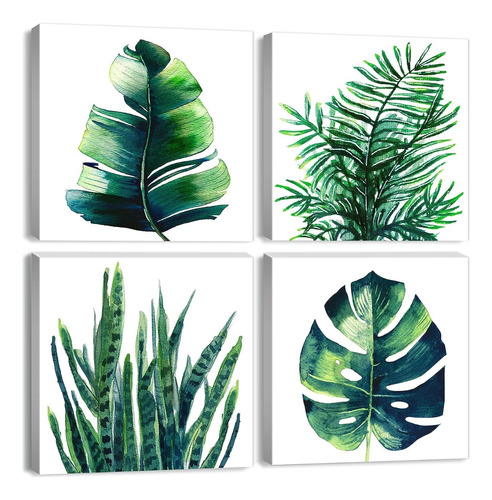 Set 4 Cuadros Decorativos Plantas Verdes Arte Tela Hogar