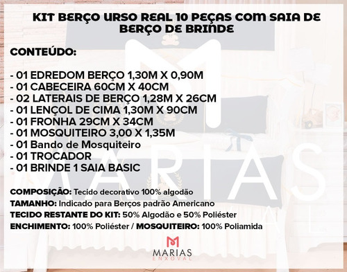 Kit Protetor Berço Americano Menino Azul Marinho Urso 10 Pc