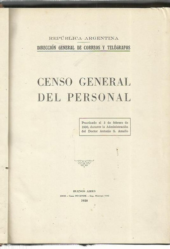 Correos Y Telégrafos Censo General Del Personal 1930 Amello