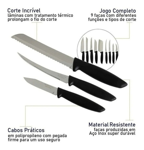 Jogo De Facas Faqueiro 9 Peças Plenus Aço Inox Tramontina