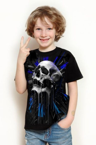 Camiseta Criança Frete Grátis Cranio Caveira Azul