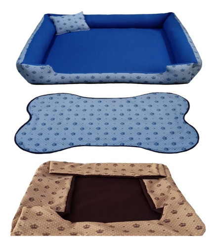 Cama Para Cachorro Grande Gg 95x95 Cm + Tapete E Capa Extra Cor Cama Azul + Capa Marrom