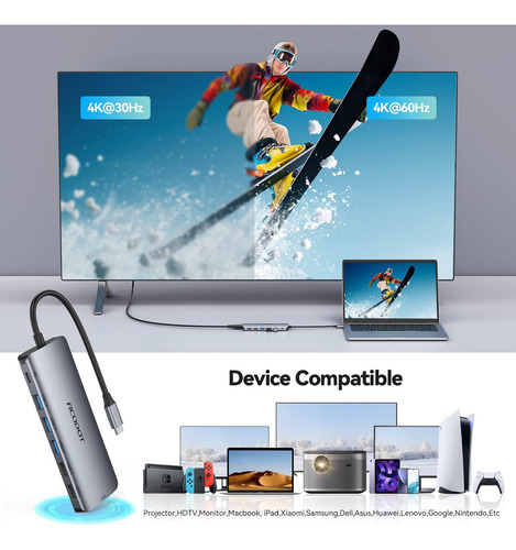 Hub Usb C, Acodot 9 En 1 Usb C A 4k @60hz Hdmi Multipuert...