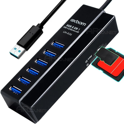 Hub Usb 3.0 8 Em 1 C/ 6 Portas 2 Leitor Cartão Micro Sd Tf