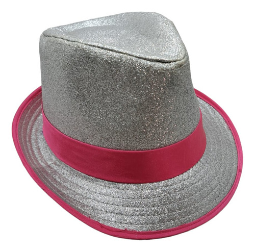 Sombrero De Brillos Plateado Con Listón Rosa