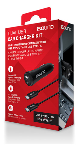 Cargador Para Auto Con 2 Puertos & Cable Type-c - Isound Negro