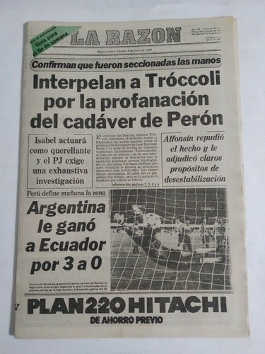 La Razon 3/7/1987 Profanacion Cadaver De Peron,copa America