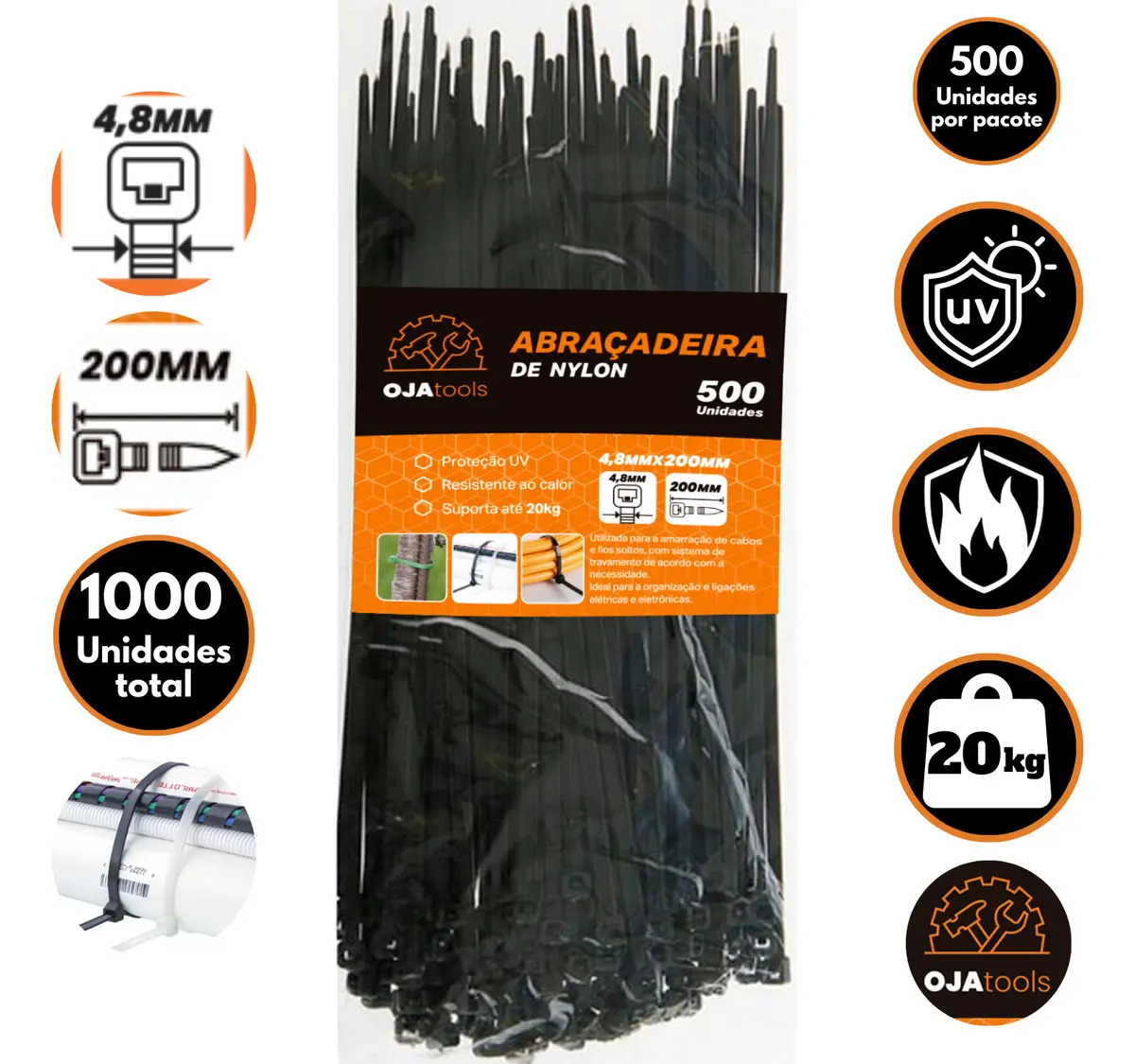 Abraçadeira Nylon Enforca Gato 4,8mm X 200mm 1.000 Unidades 20cm Cinta Plastica Fita Presilha Atacado Oja Tools Preta Preto