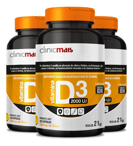 Kit 3 de vitamina D3 2000 u.i, 500 mg, Clinicplus, 30 cápsulas de sabor sin sabor