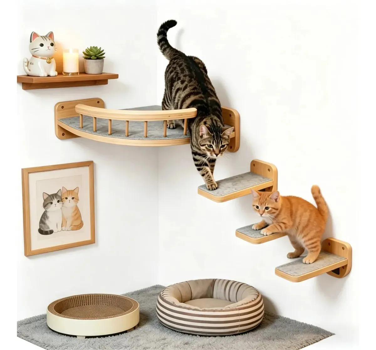Cama para Gatos de Pared Grande con 3 Escalones de Madera Lavable