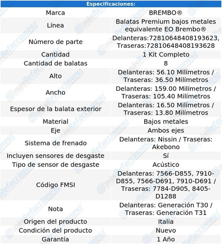 Combo Balatas Bajos Metales Del Y Tras Nissan X-trail 02-07