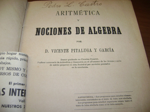 Libro Antiguo 1895 Aritmetica Y Nociones De Algebra Pitaluga (Usado)