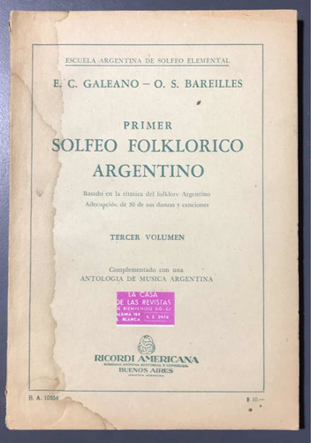 Primer Solfeo Folklorico Argentino 3° Vol  Ricordi 1951