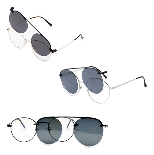 Armação E Óculos Solar P/ Grau Oval Clipon Feminino Mascuino Cor Dourado Claro