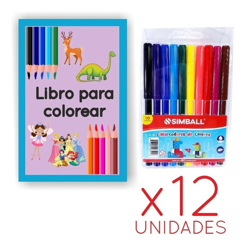 12 Kit Set Libro Colorear Dibujos Marcador Color Fibras