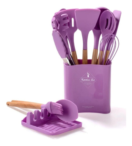 Kit Set X12 Utensilios Cocina Madera Y Silicona Excelente