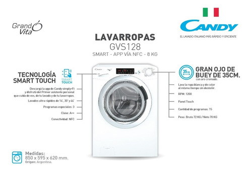 Imagen 5 de 5 de Lavarropas automático Candy GrandÓ Vita GVS128 blanco 8kg 220 V