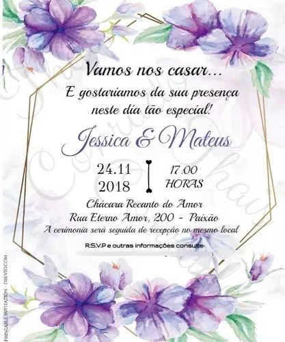 Grátis - Fazer convite online convite digital Casamento Minimalista Boho  Chic com detalhes em roxo