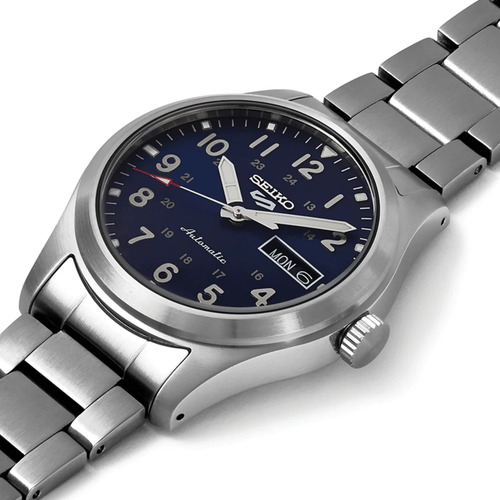 Reloj Seiko 5 Sports Srpg29 K1 Automatico Fondo Azul Bisel Plateado Correa Plateada