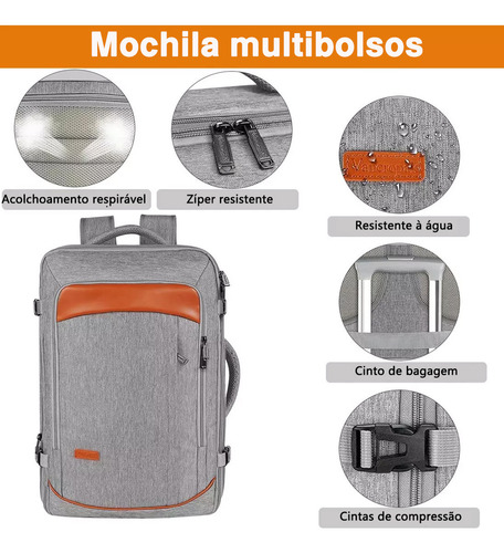 Mochila De Viagem, 40l Mochila para Avião Expansível Para Masculina E Feminina, Antifurto E Impermeável, Mochila de Mão Reforcada Pessoal Aprovada Para Avião 10kg, Yorepek 1215 Cor Cinza