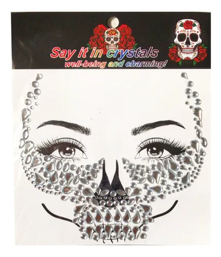Calavera mexicana con diamantes de imitación para Halloween, pegatina facial de colores brillantes