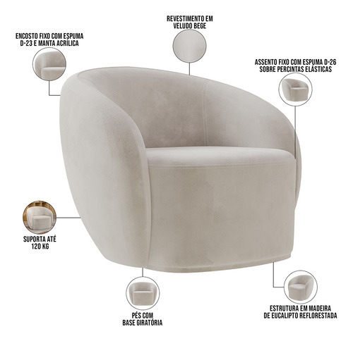 Poltrona Decorativa Para Sala De Estar Gliese Veludo Bege