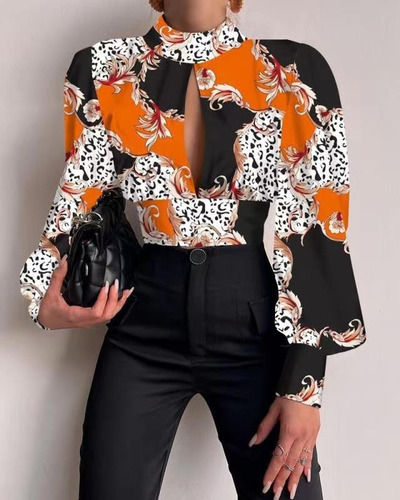 Camisa Sin Espalda Con Cuello Alto Y Manga Tipo Farol For M