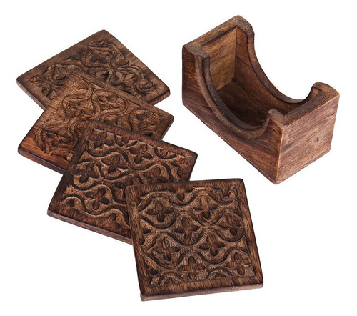 Juego De 4 Posavasos Indya Hechos A Mano De Madera Con Sopor