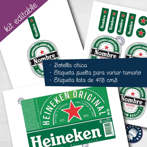 Kit Etiqueta Porrón + Lata Heineken Editable. Imprimible