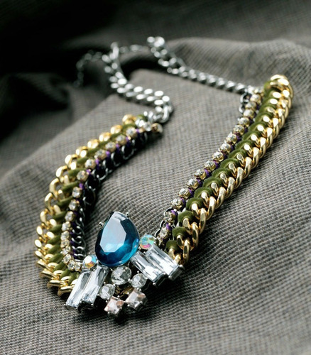 V Collar Gota Cristal Azul Eslabon Tejido Evento Social