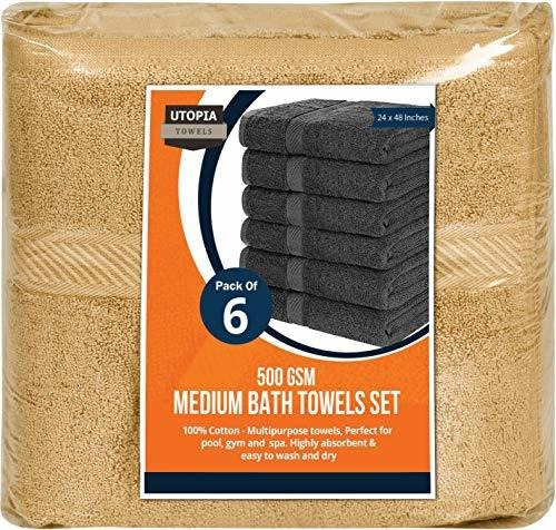 Toallas Utopia Medianas De Algodon Color Beige Ligeras 6 Pzs