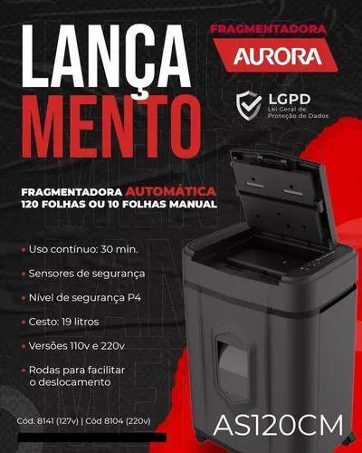 Fragmentadora De Papel Aurora Com Cesto As120cm 120 Folhas