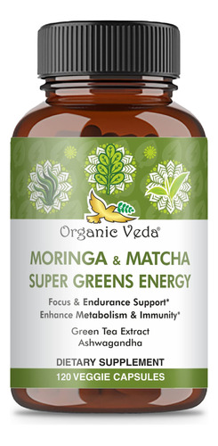 Organic Veda Matcha Moringa Cápsulas Super Greens Suplemen.