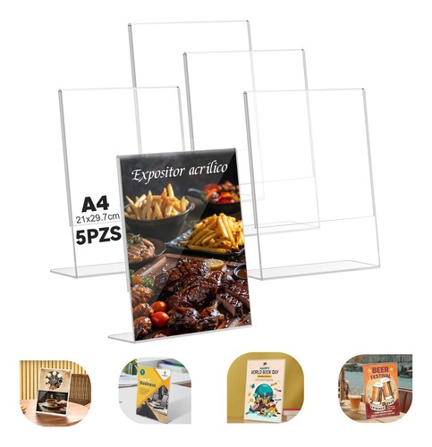 Nuhexry Porta Menú A4 5pcs Acrílico Blanco Resistentepara Restaurantes Hoteles Y Eventos Incluye Láminas Antihuellas Base Estable Ideal Carta Folletos Y Letreros Profesionales