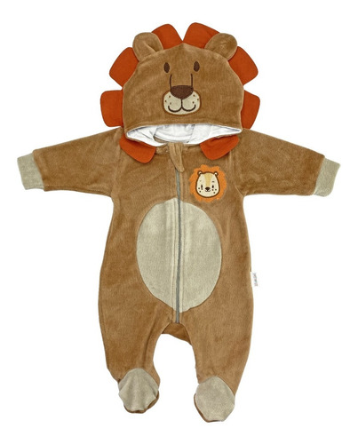 Macacão Bebê Plush Capuz Leão Orelhas Fantasia Menino Roupa