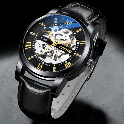 Reloj mecánico de cuero impermeable Chenxi para hombre, color de fondo dorado