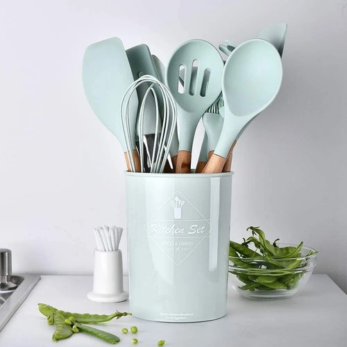 Utensilios De Cocina Mango De Silicona Y Madera 12 Set