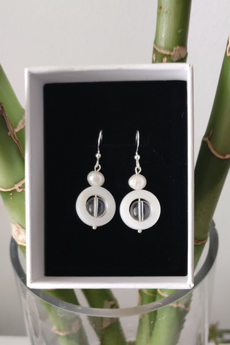 Imagen 2 de 5 de Aros Colgantes Plata 925 Piedra Nacar Y Murano Transparente