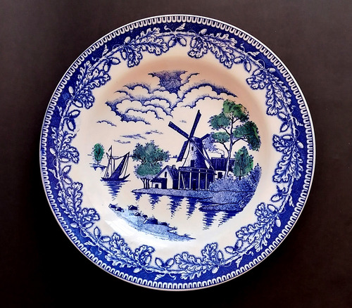 Plato Pared Vintage Porcelana Azul Y Blanca Molino Viento.