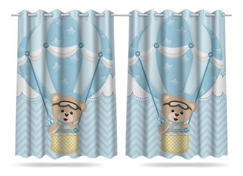 Imagem 3 de 10 de Kit Cortina Infantil Ursinho Baloeiro Md1 + 3 Capas Almofada
