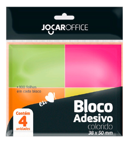 Bloco Adesivo 38x50mm 4 Cores Neon 400 Folhas Jocar Office Cor Rosa-chicleteVerde, Rosa , Laranja e Amarelo