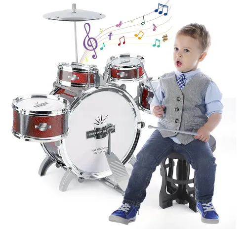 Bateria de juguete con 5 tambores platillos baquetas silla instrumento infantil Bateria de juguete con 5 tambores platillos baquetas silla instrumento infantil