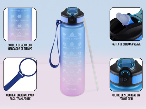 Imagen 4 de 10 de Bote Vaso Agua Motivacional 1000 Ml Termo Cilindro Popote
