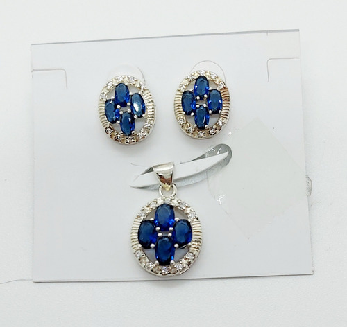 Conjunto Dije Y Aros En Plata 925 Cubic Azul Fiesta 